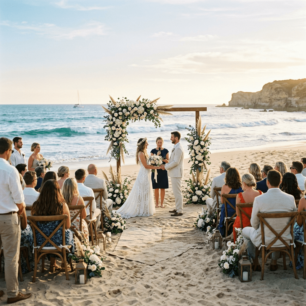 Bride and groom standing under floral arch on beach with guests seated watching