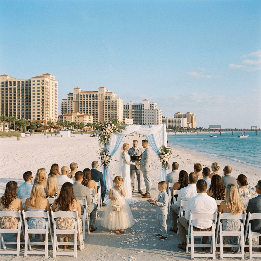 Couple standing under floral arch exchanging vows at beach wedding ceremony with seated guests
